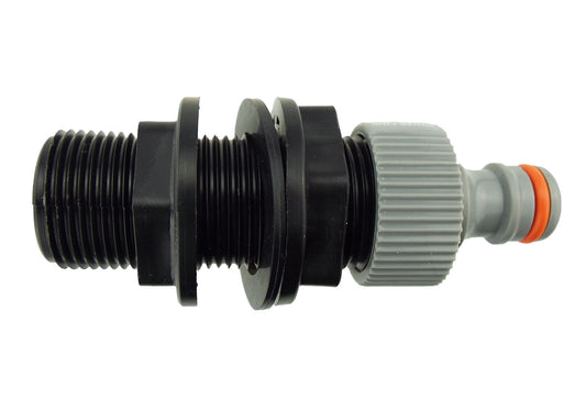 1” BSPM water butt kit connector with female tap fitting, black and grey