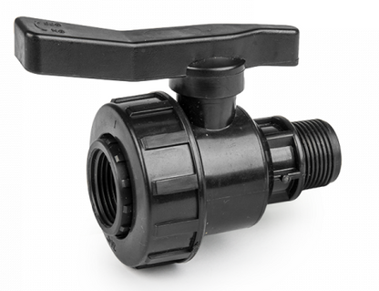 Black plastic valve body with rectangular lever and side threaded outlet