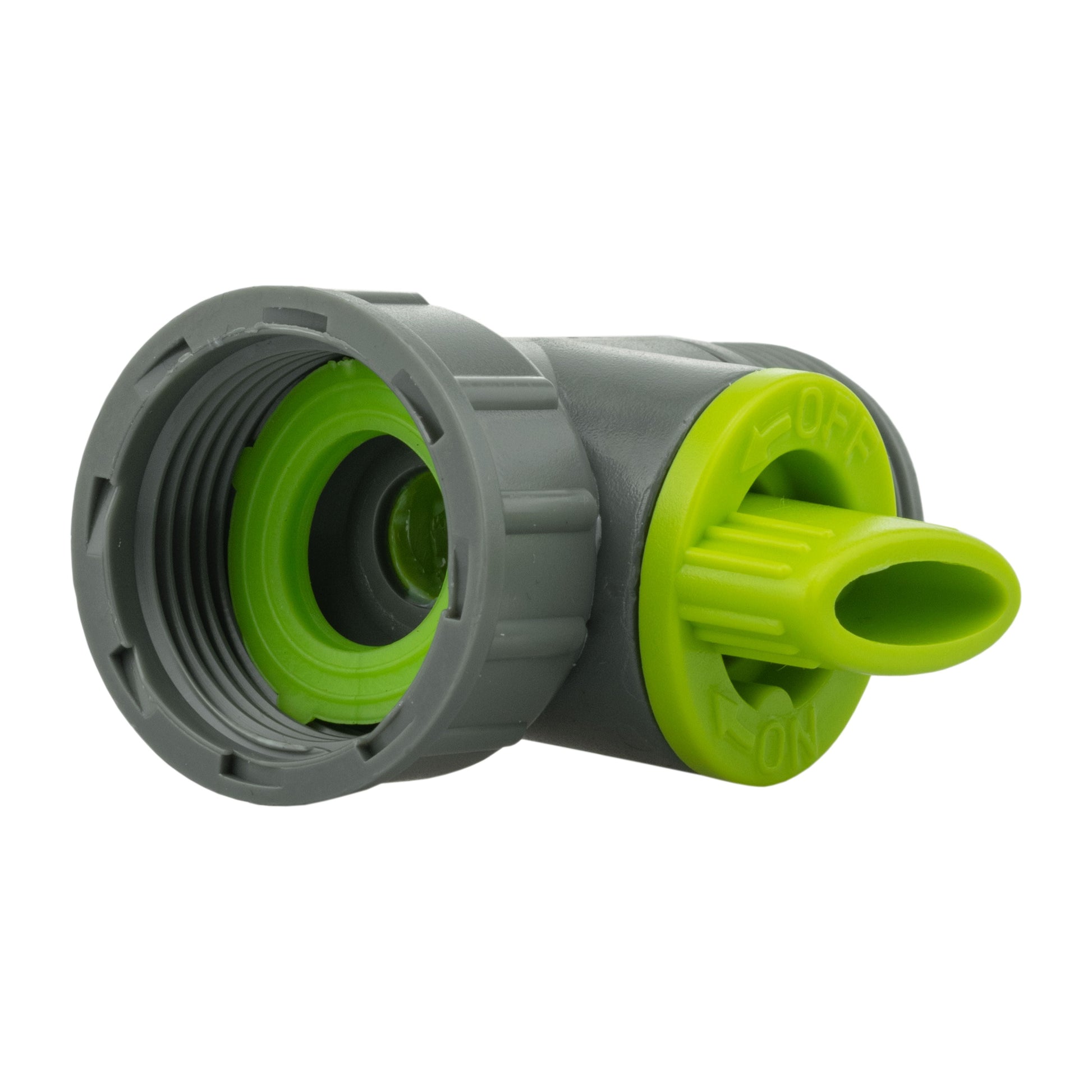 Tap adapter with valve, lime handwheel and grey inlet with internal threads