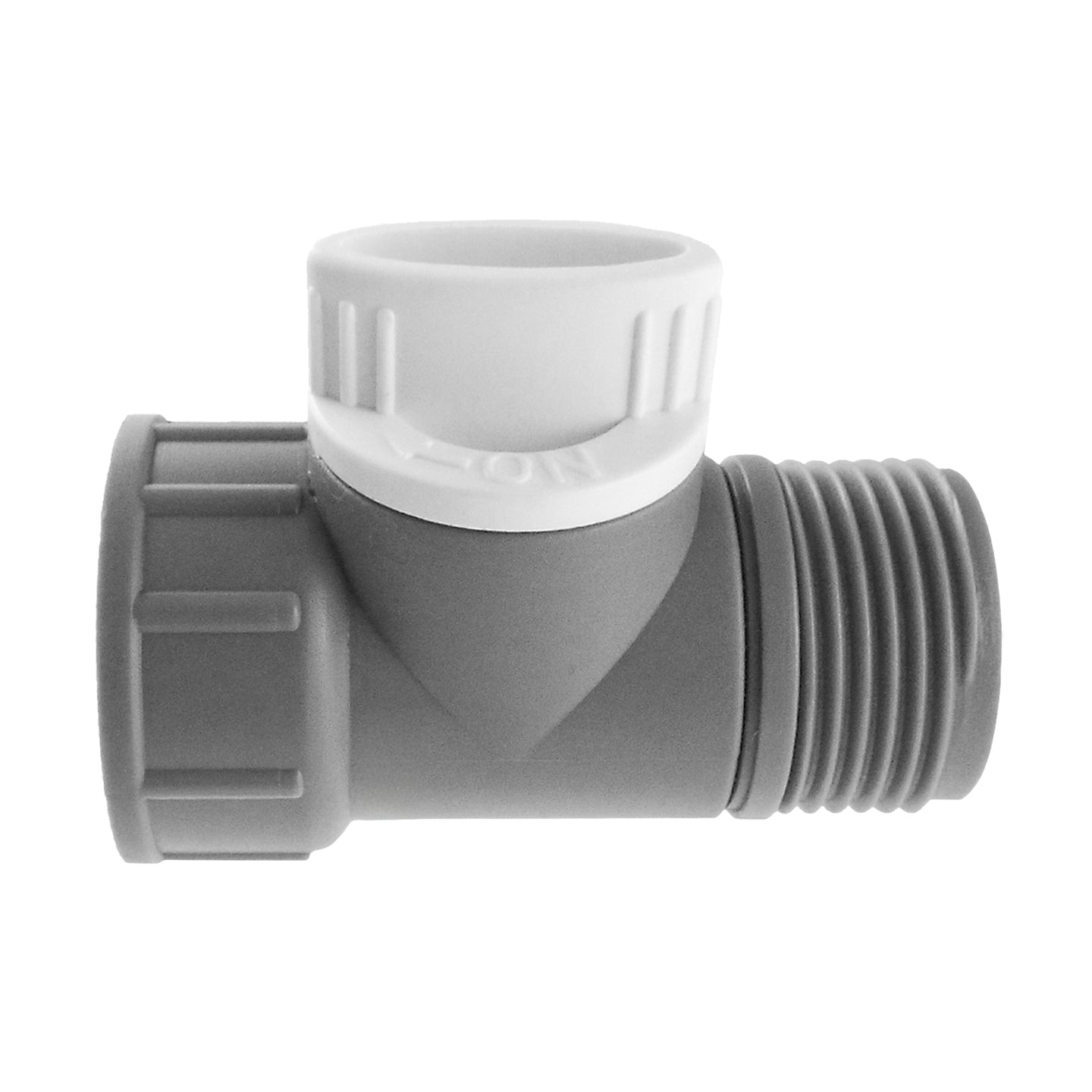 3/4" BSPM-F tap adapter with valve, grey and white threaded connector
