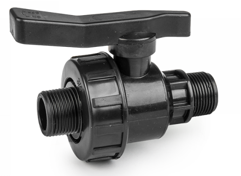 Full Flow single union PP ball valve, 1" BSPM, black plastic, lever handle