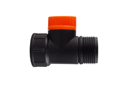 Black tap adapter with valve and orange top, 3/4" BSPM-F thread