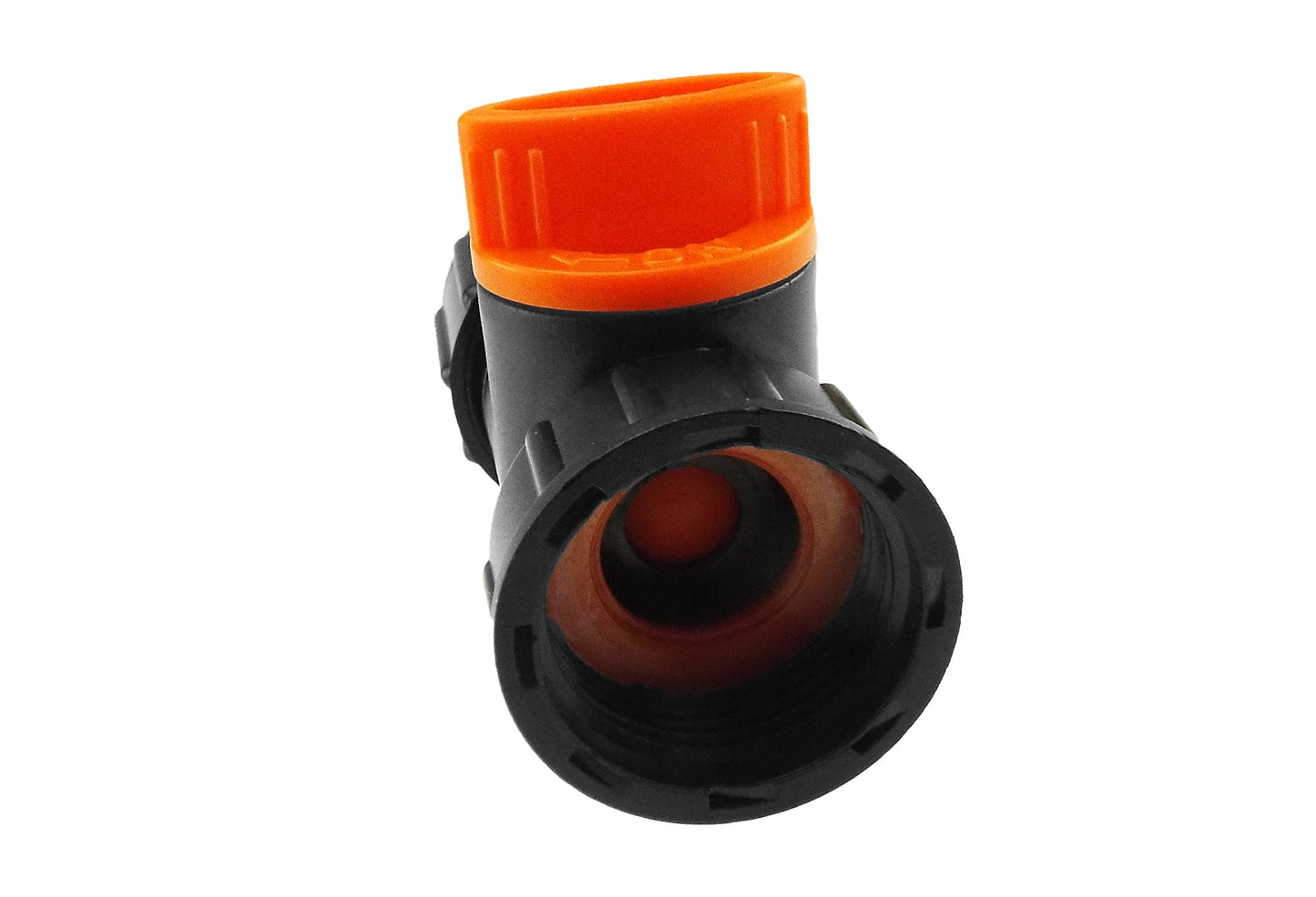 Tap adapter with valve, orange push cap and black body, 3/4" BSPM-F