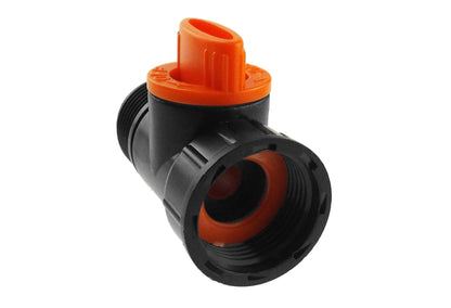 Black/orange BSPM-F tap adapter with valve, threaded outlet and collar