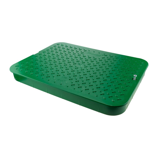Green jumbo valve box lid with studded surface and corner metal pin