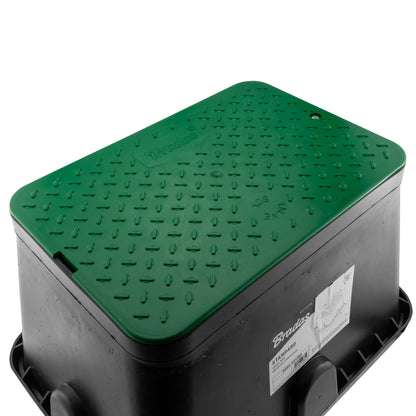 Green lidded top on a black 51x38cm valve box with water-drip texture