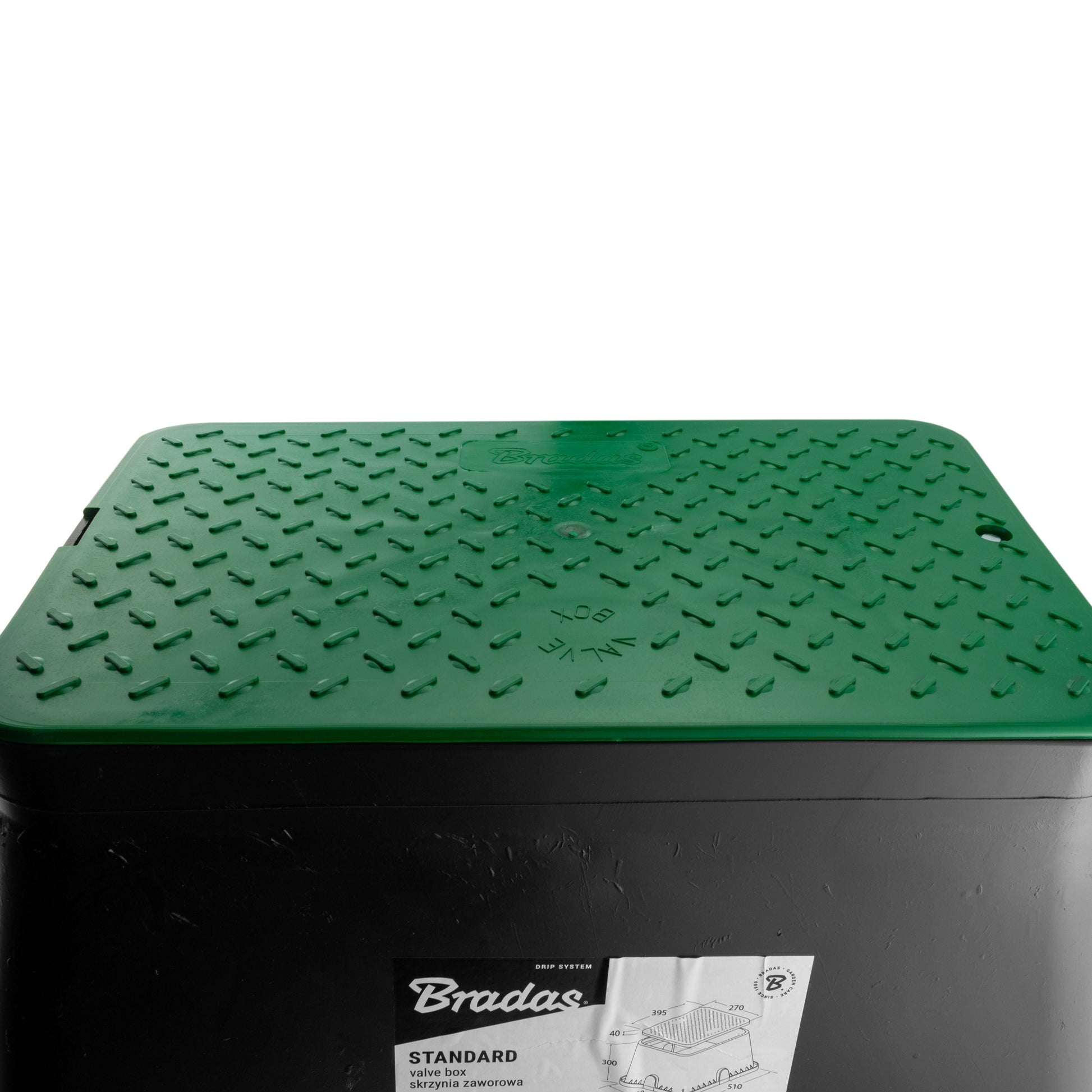 Green textured lid and black base of the 51x38cm valve box