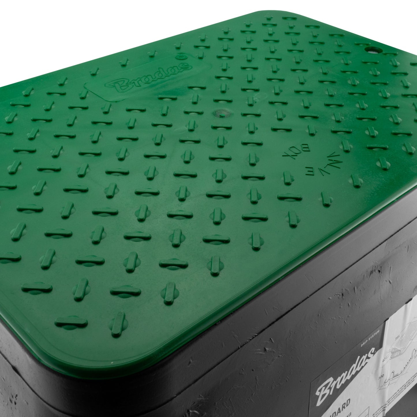 Green textured lid and side profile of the black valve box, 51x38cm