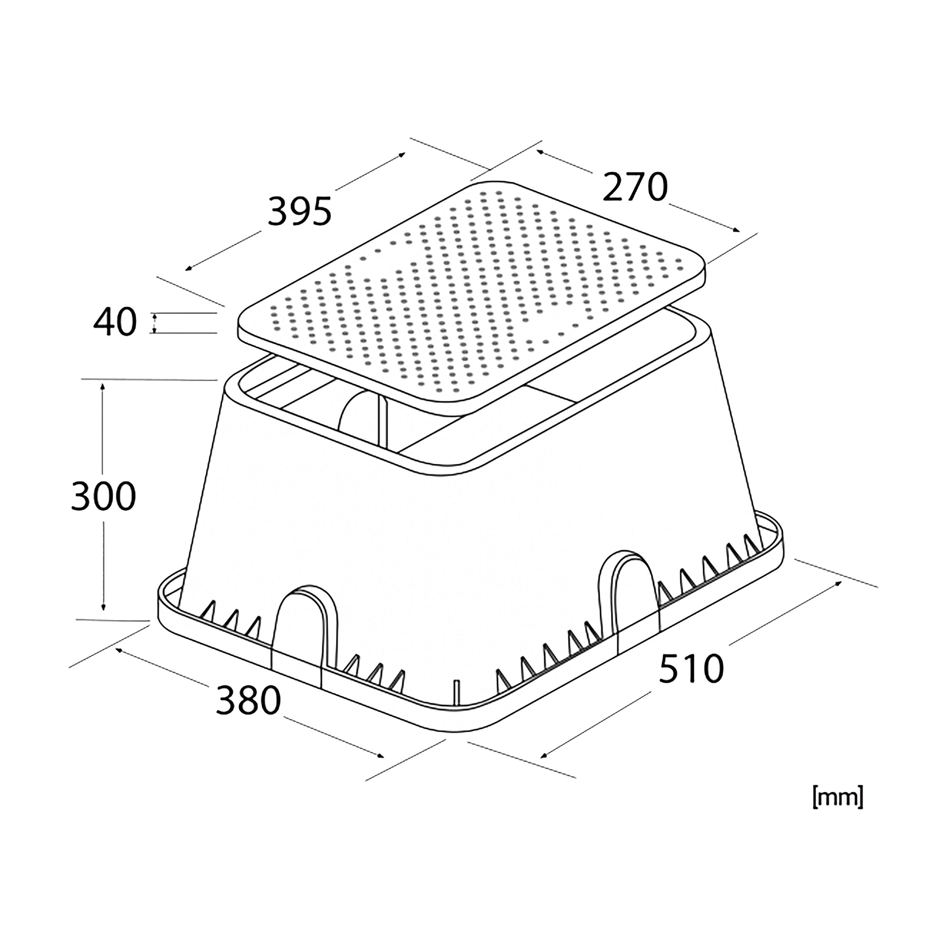 Technical size diagram for 51x38cm standard valve box with key measurements in mm