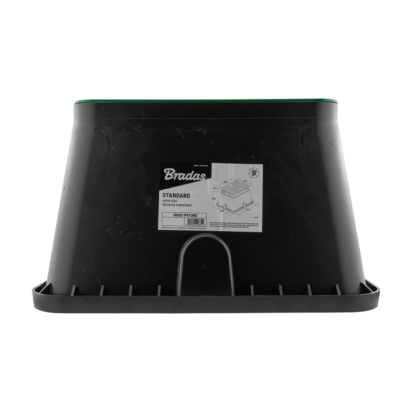 Standard valve box 51x38cm, black side view with product label on front