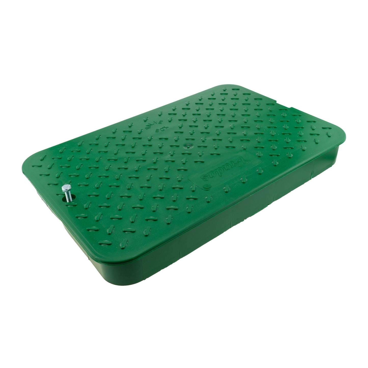 Green valve box lid only, side view with studded top and mounting post