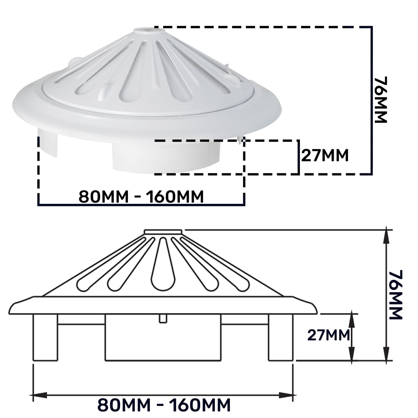 Top and side measurement diagram for white adjustable round louvre vent: 80–160mm