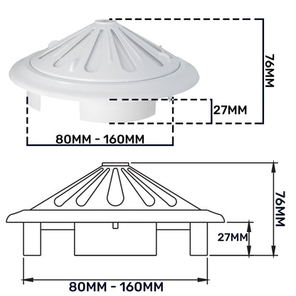 Top and side measurement diagram for white adjustable round louvre vent: 80–160mm
