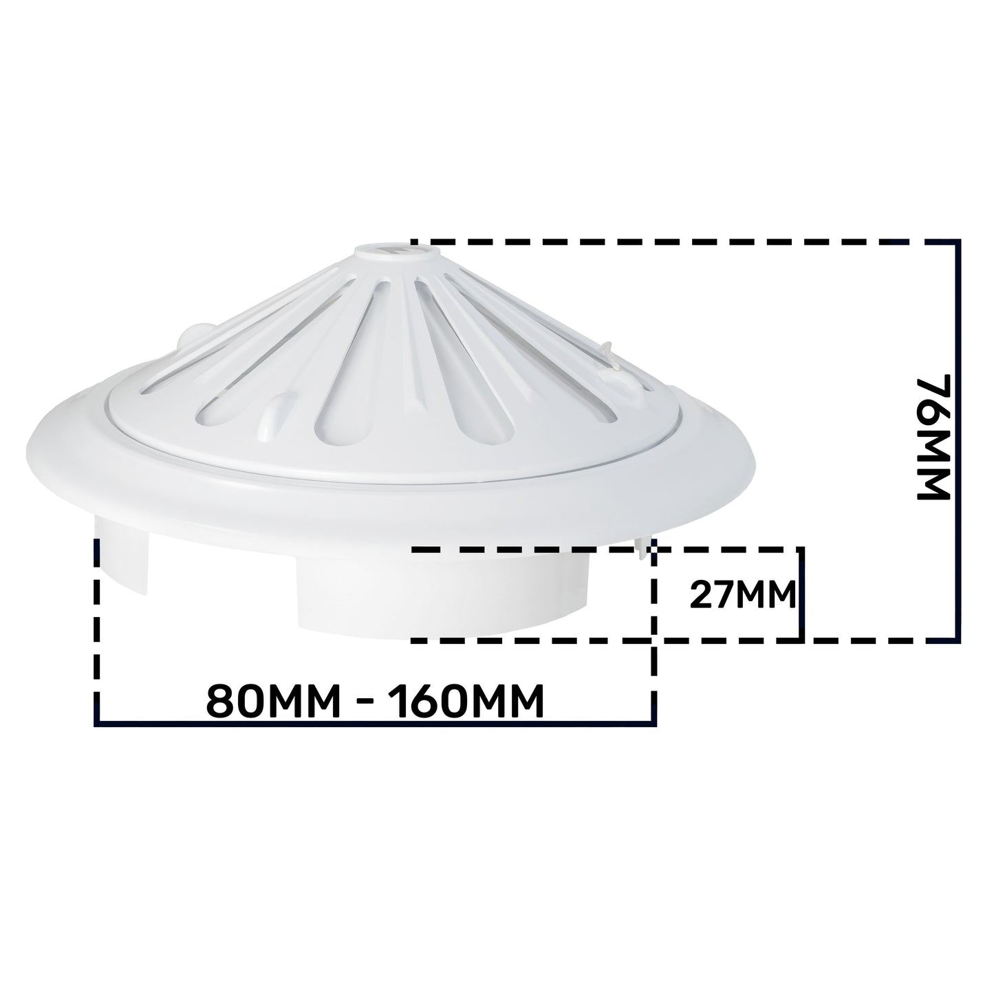 White adjustable round louvre vent dimension diagram—overall height 76mm shown