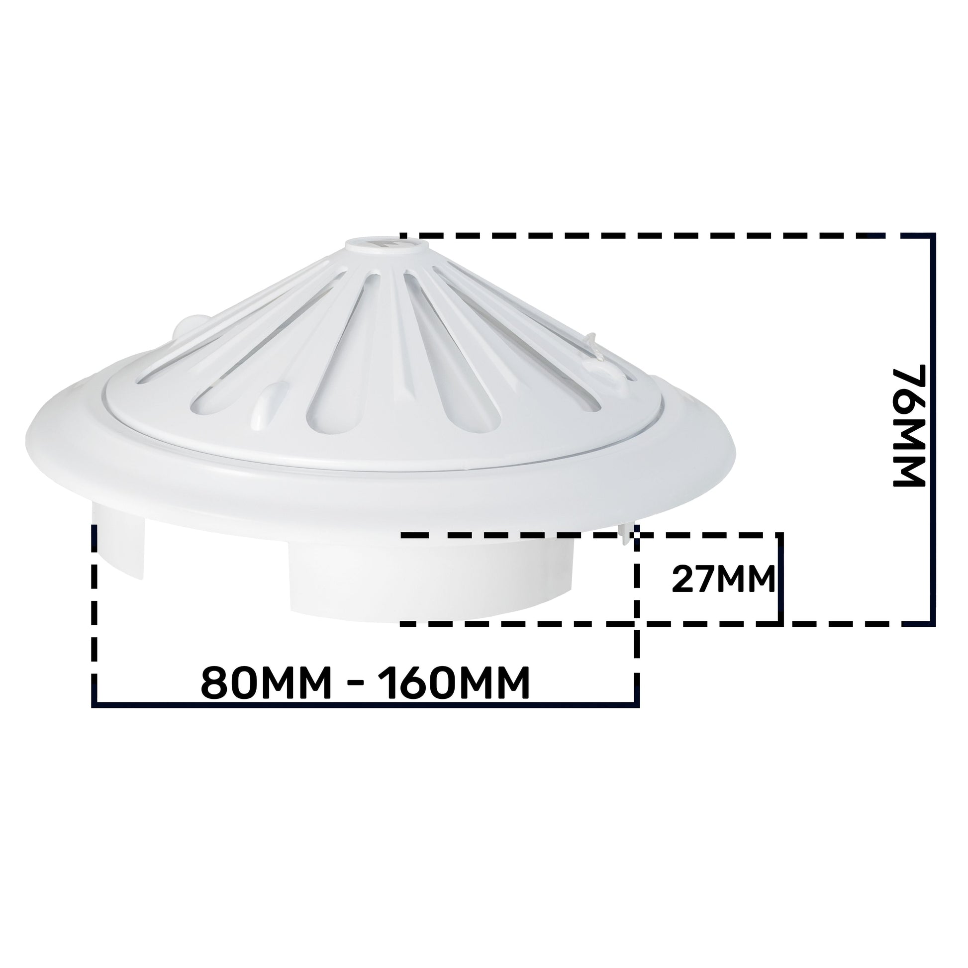 White adjustable round louvre vent dimension diagram—overall height 76mm shown