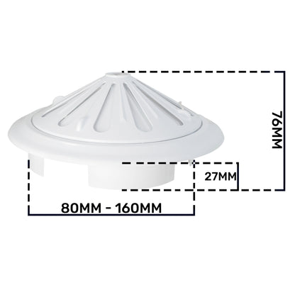 White adjustable round louvre vent dimension diagram—overall height 76mm shown