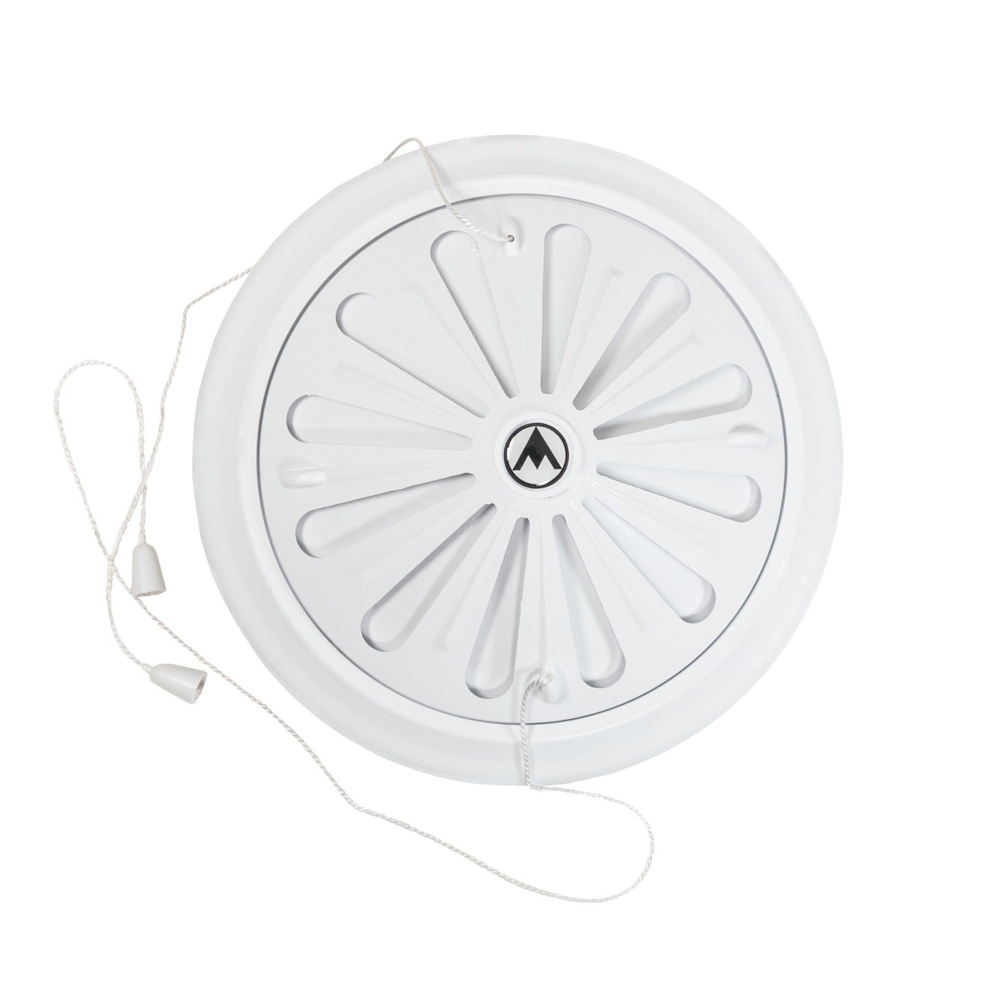 White round louvre vent with cords and slatted grille, front-facing.