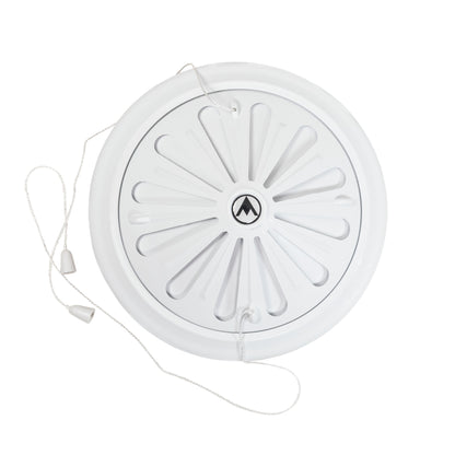 White round louvre vent with cords and slatted grille, front-facing.