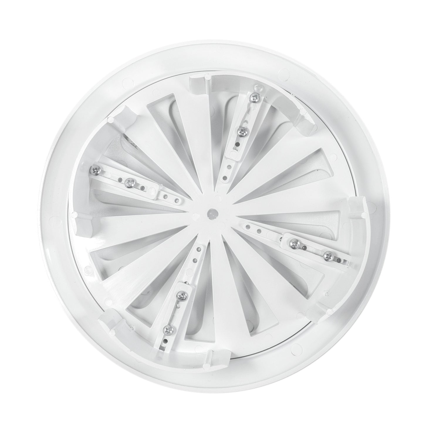 White round louvre vent back view with shutter mechanisms and metal fasteners.