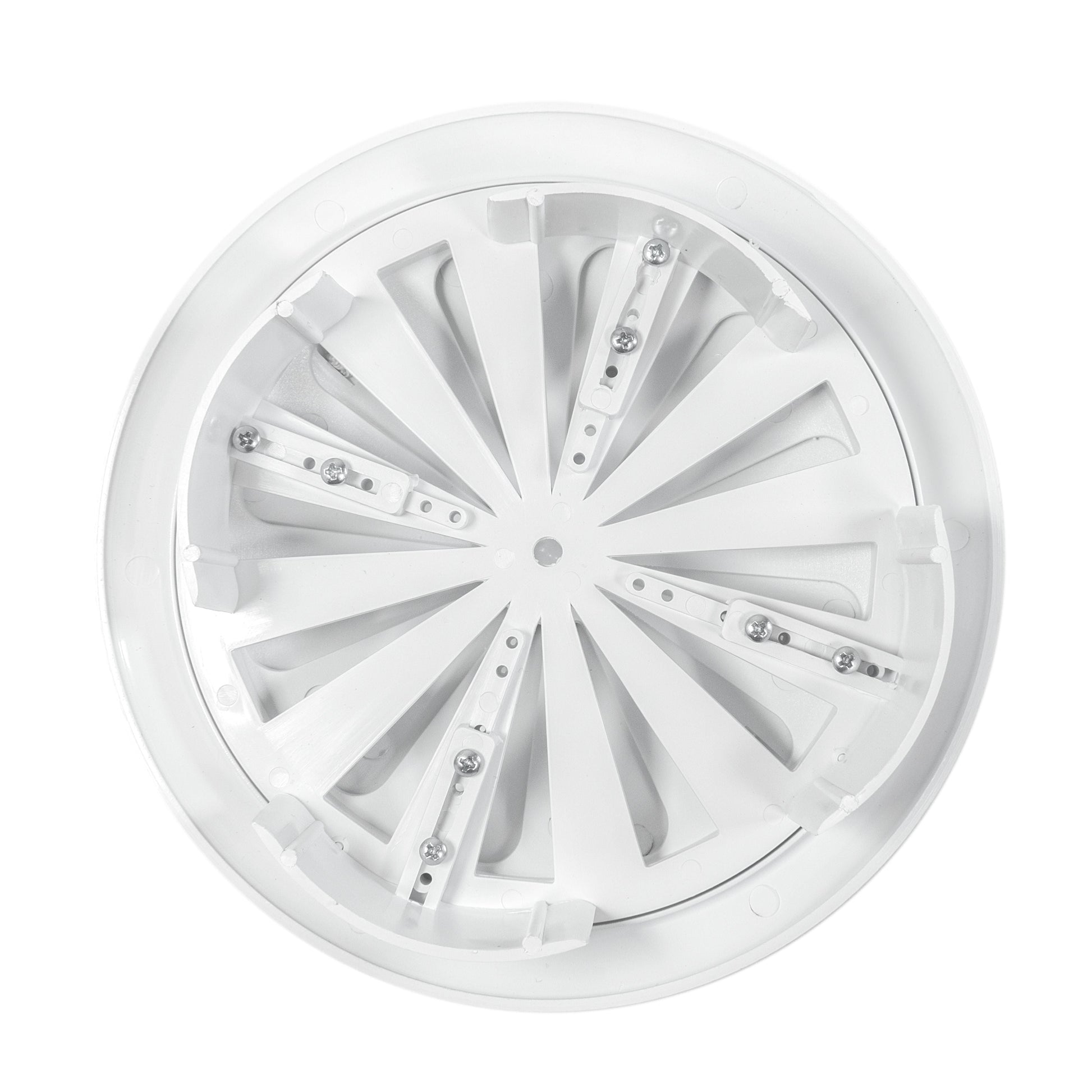 White round louvre vent back view with shutter mechanisms and metal fasteners.