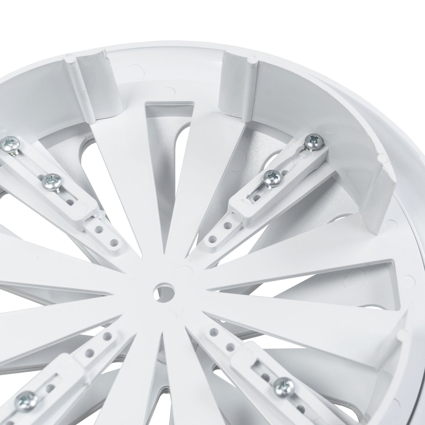 White adjustable round louvre vent—internal louvers and mounting brackets visible
