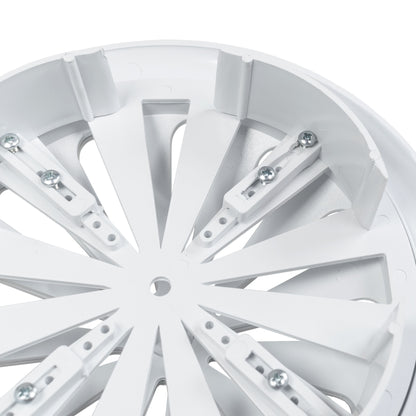 White adjustable round louvre vent—internal louvers and mounting brackets visible