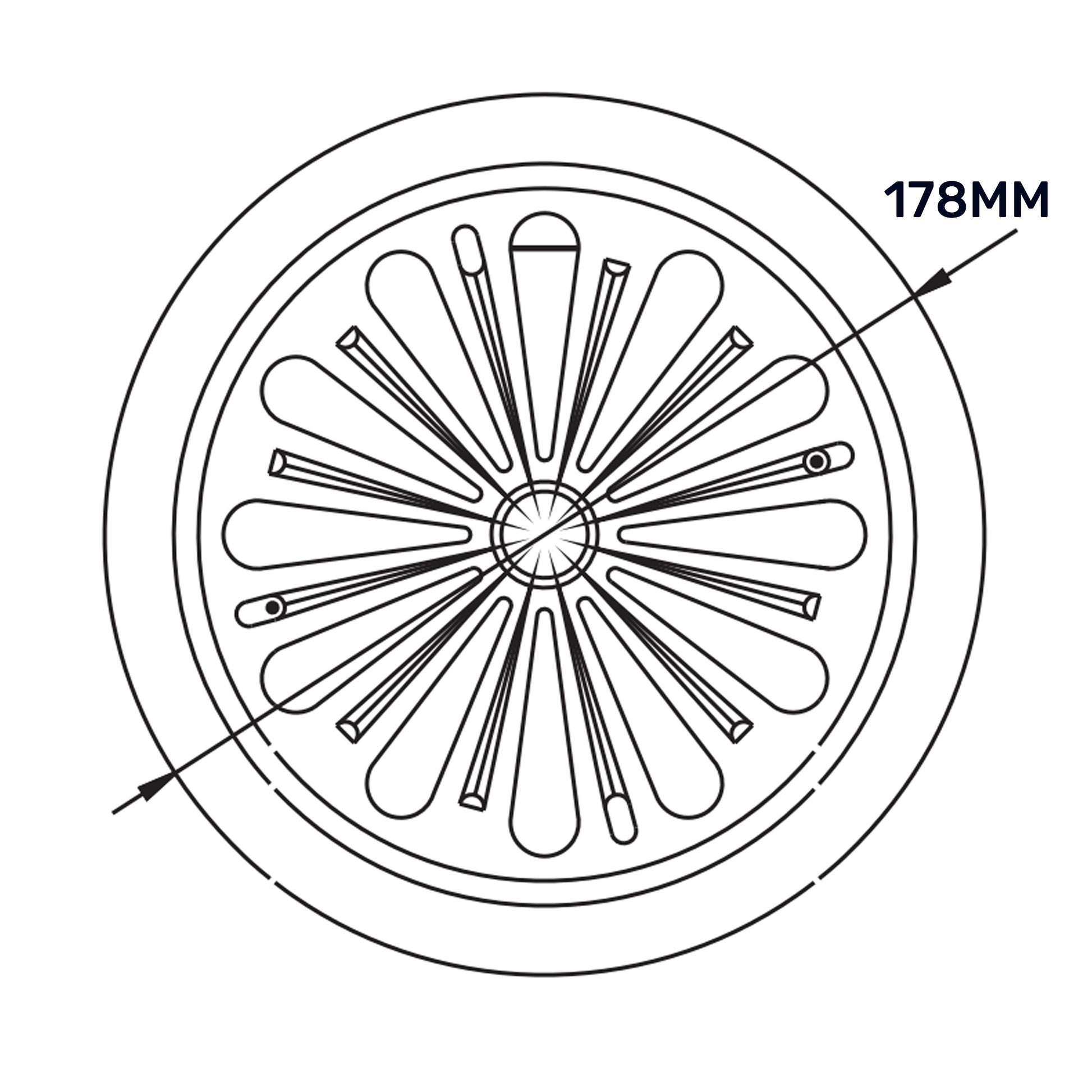 Diagram of round louvre vent with radial louvers—178mm outer diameter shown