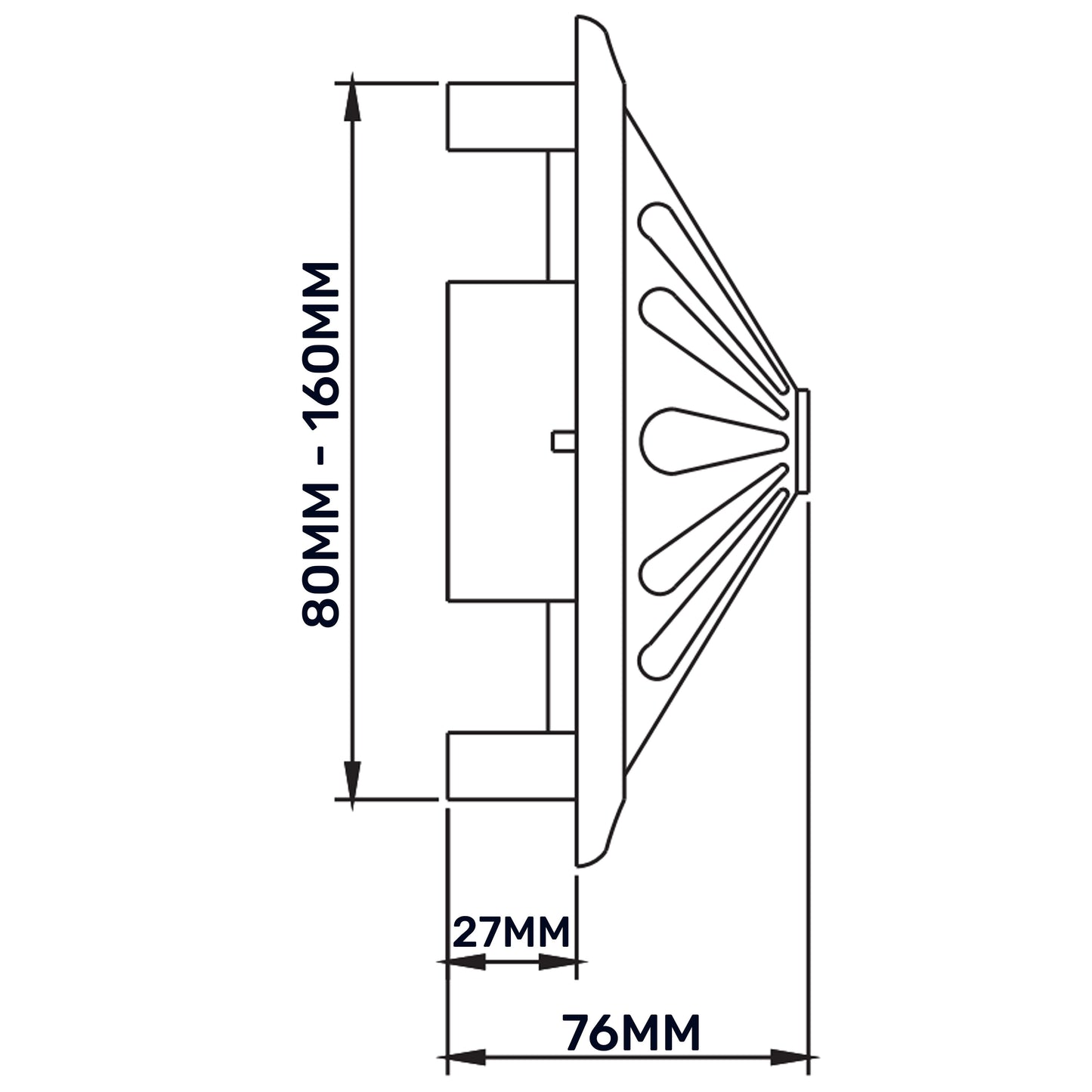 Side view dimension sketch for adjustable round louvre vent: 80–160mm width shown