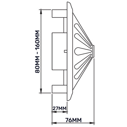 Side view dimension sketch for adjustable round louvre vent: 80–160mm width shown