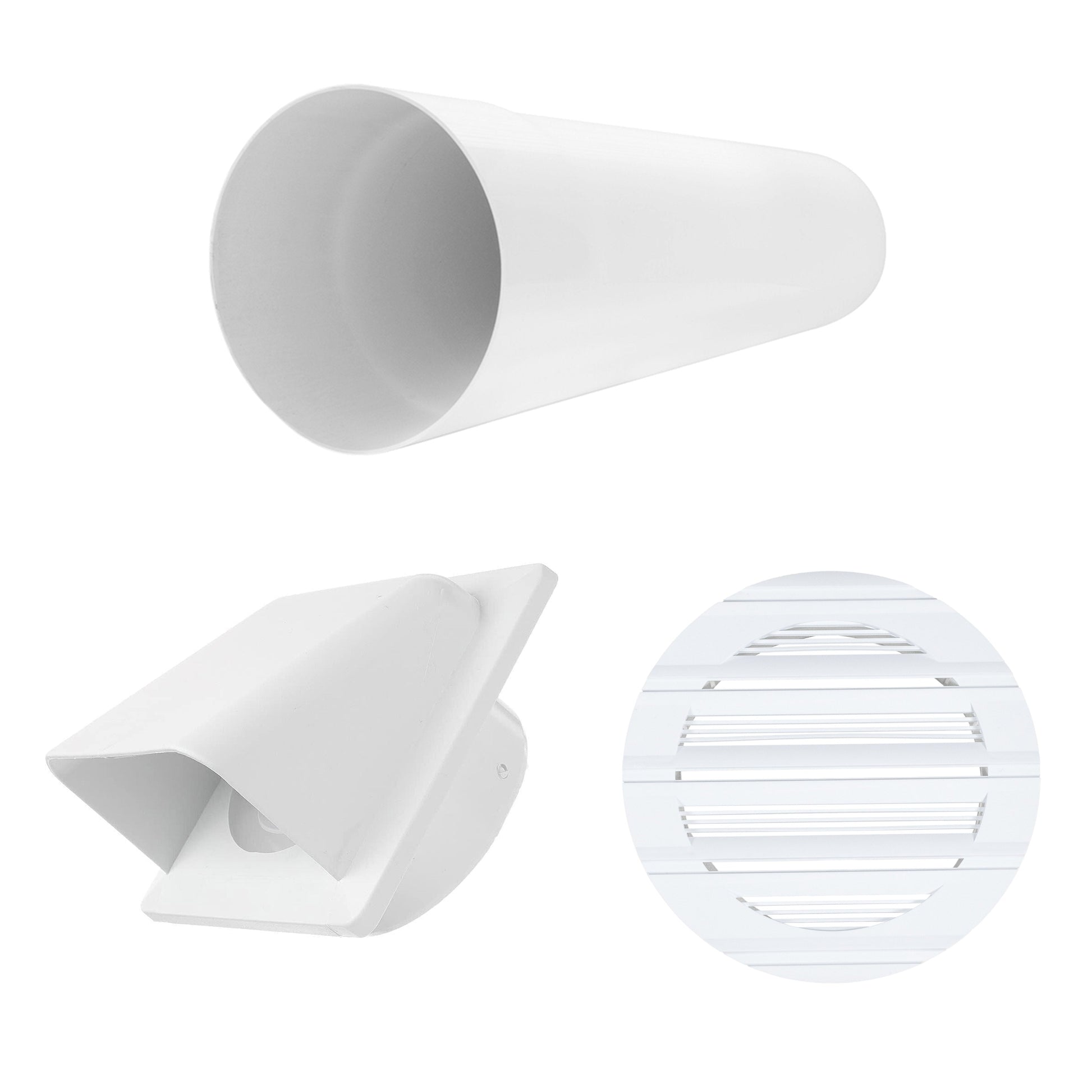 White ventilation duct outlet with round opening and stepped exterior grille housing