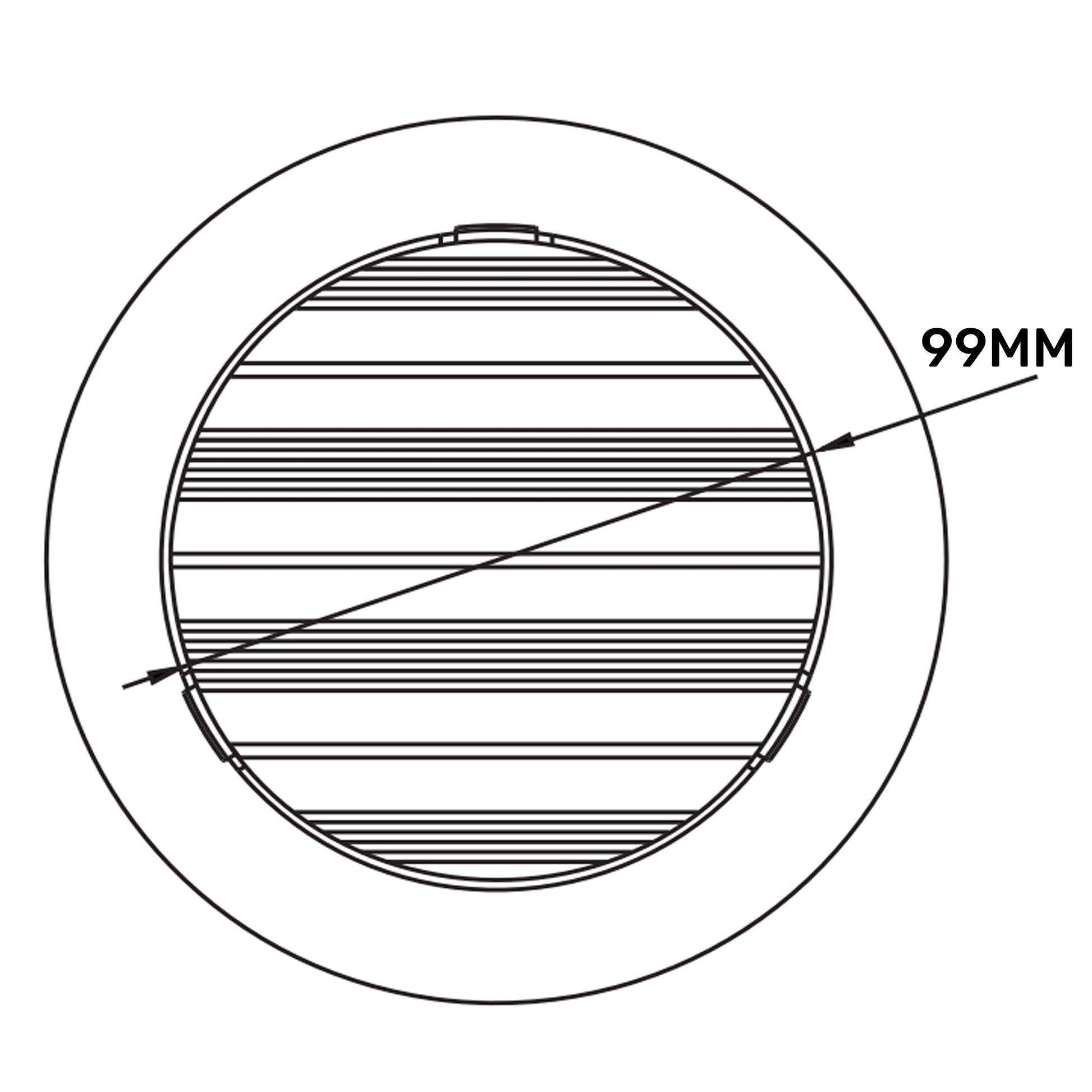 Top view diagram of white Louvre vent grille showing horizontal slat pattern, 99mm