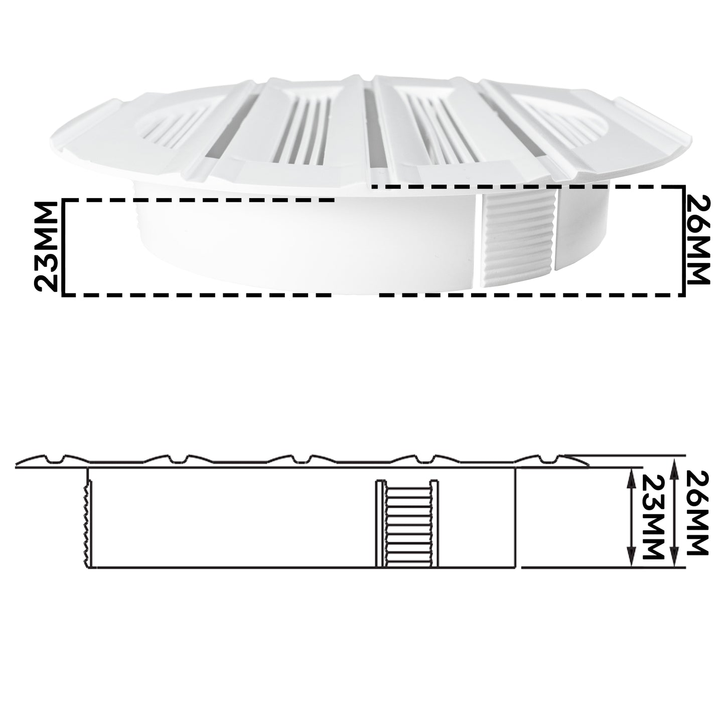 White Louvre Vent Round 100mm, sectional view with top louvers and measurements