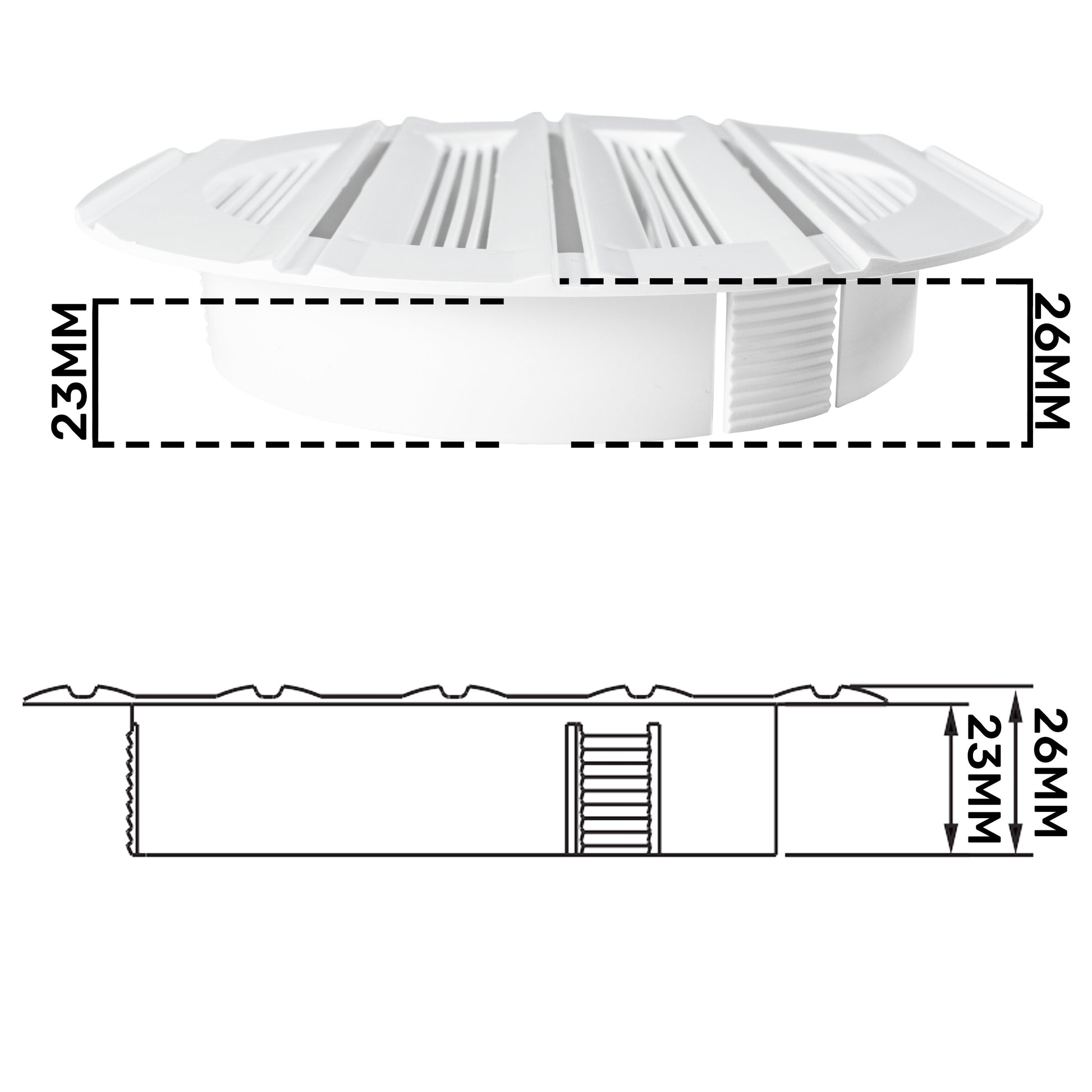 White Louvre Vent Round 100mm, sectional view with top louvers and measurements