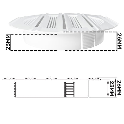 White Louvre Vent Round 100mm, sectional view with top louvers and measurements