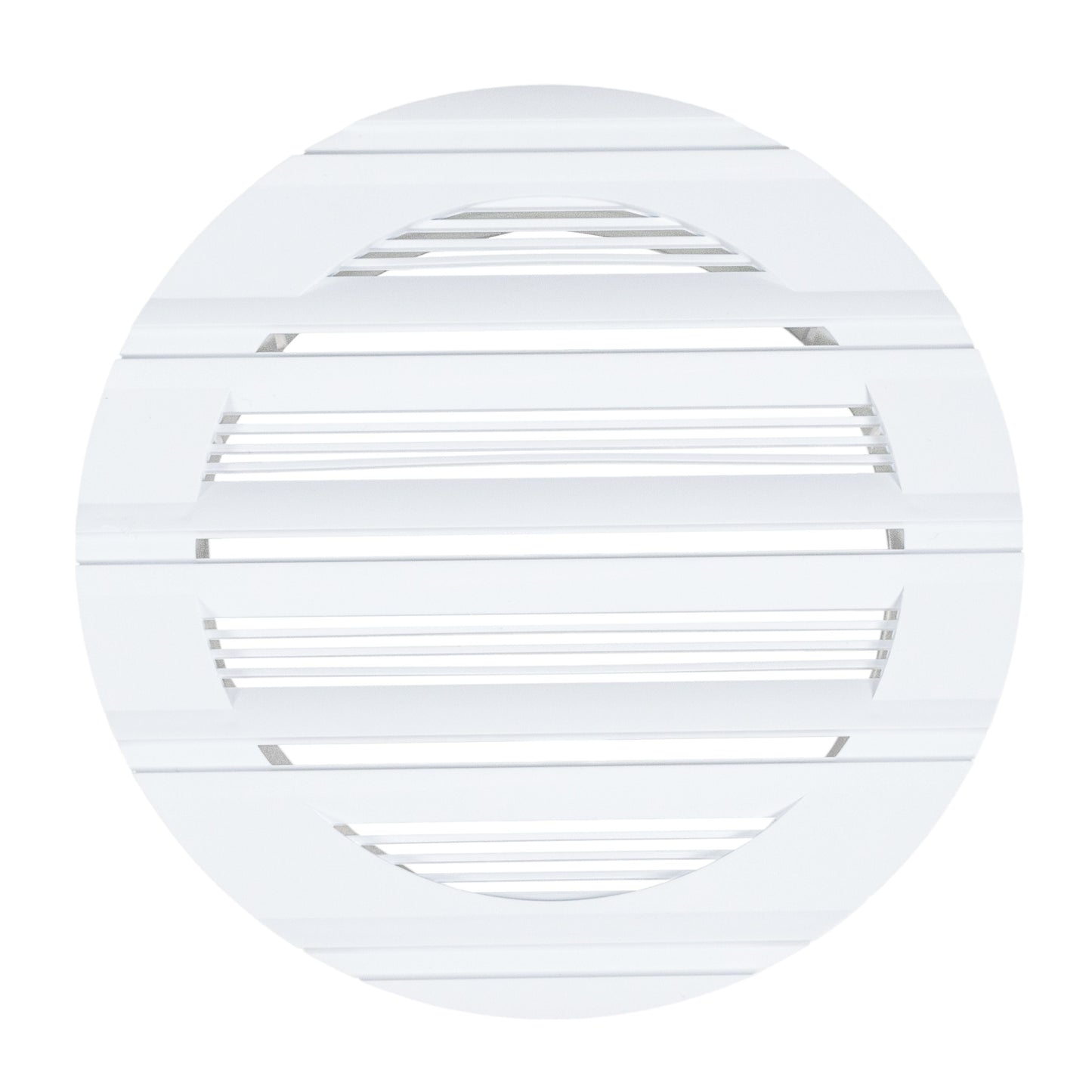 White round external vent face with multiple horizontal air slots and grille cover