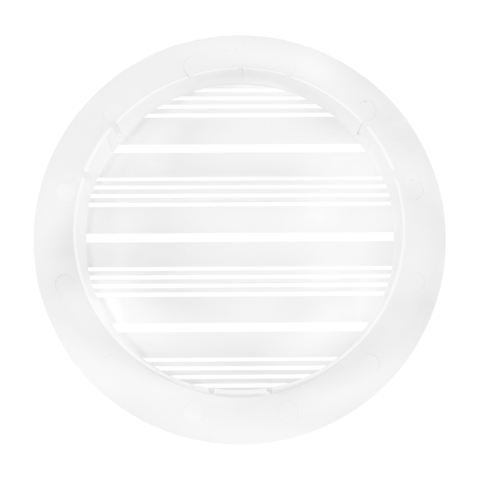Front view of white round ventilation grille with horizontal air slots