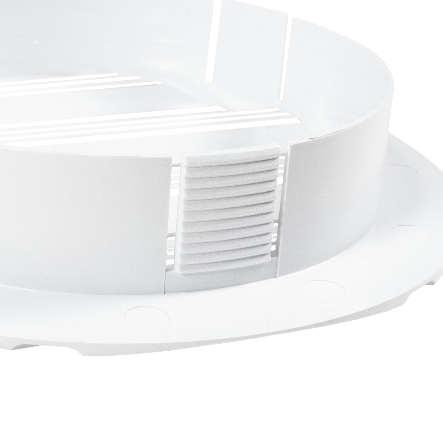 White external vent housing with angled face and louvered air slats on duct