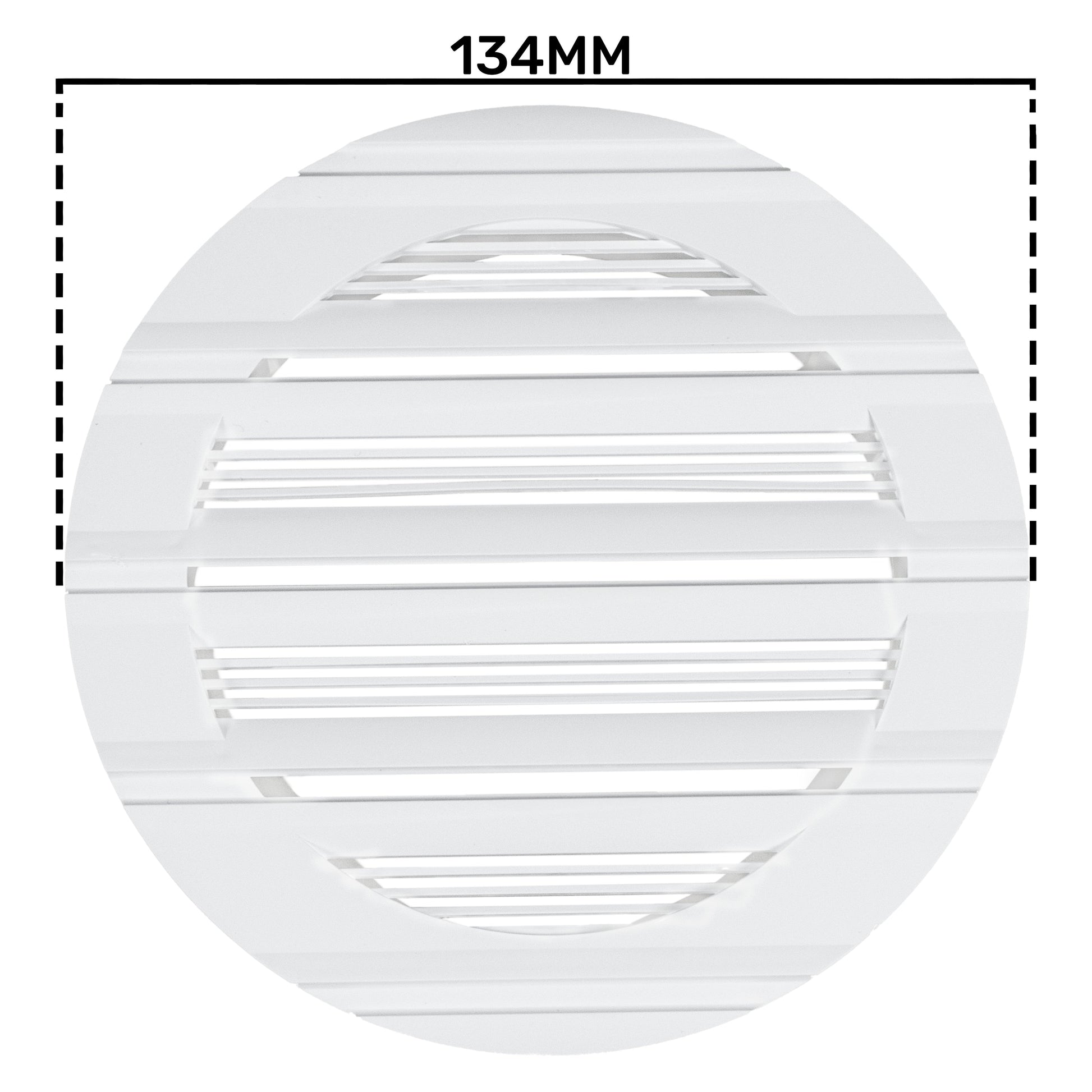 White Louvre vent grille, round 134mm outer diameter with horizontal slats