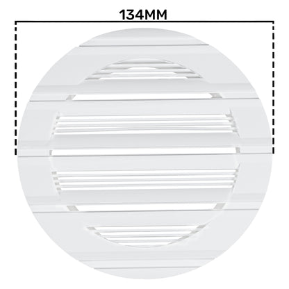 White Louvre vent grille, round 134mm outer diameter with horizontal slats