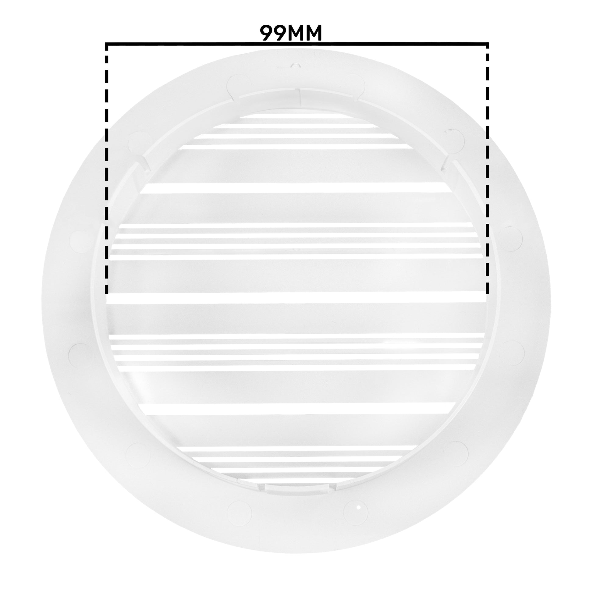 White Louvre vent grille, round 99mm inner opening with horizontal louvres