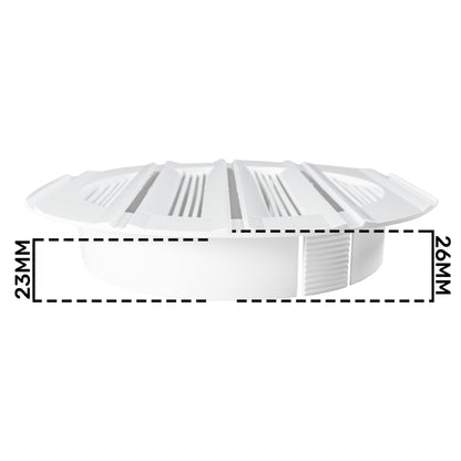 White round Louvre vent grille with 26mm height measurement and louvered slats