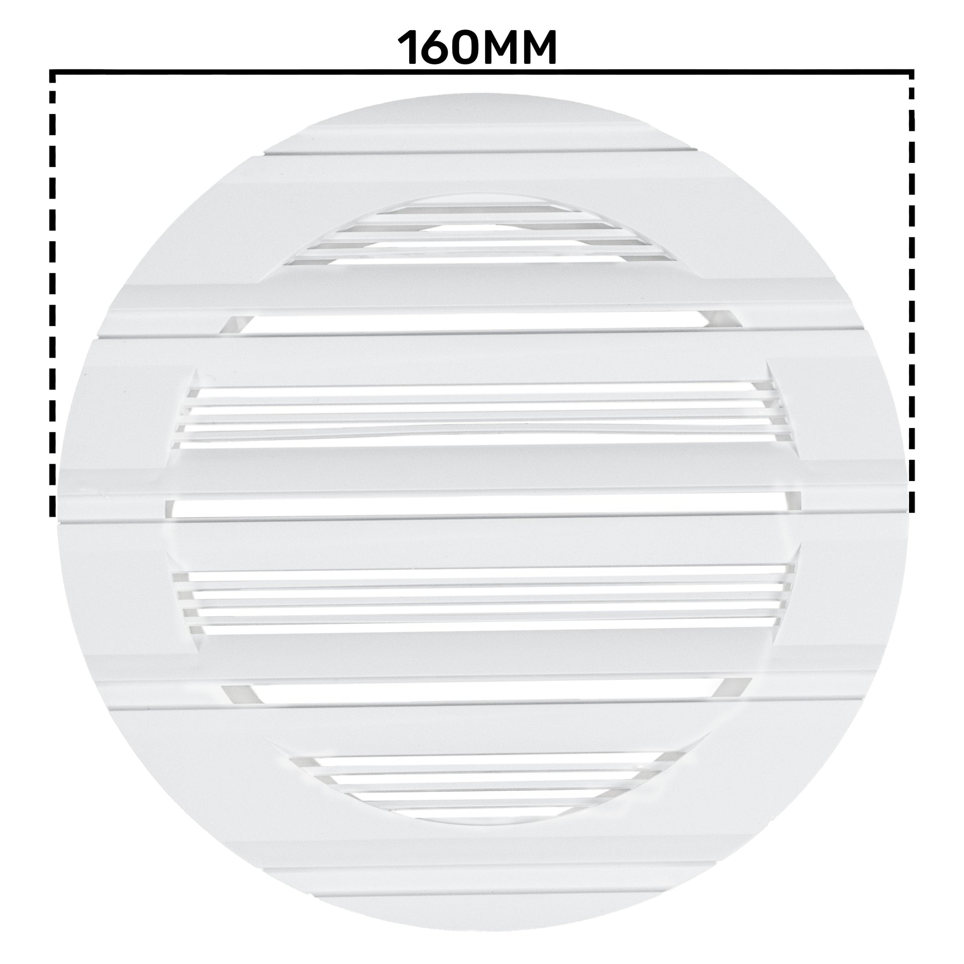 White round louvre vent front view with 160mm size marking