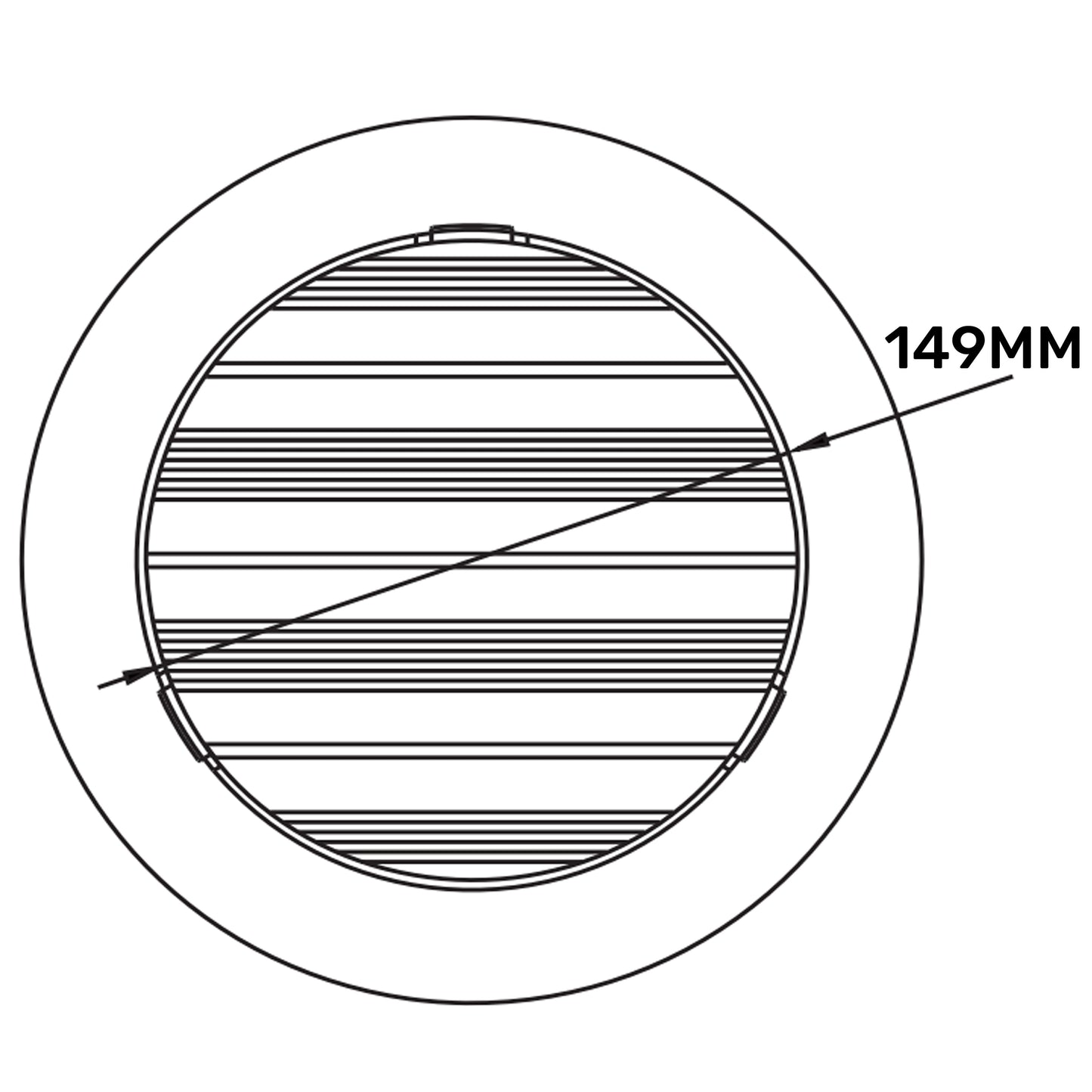 White round Louvre vent diagram showing 149mm and horizontal slat grille