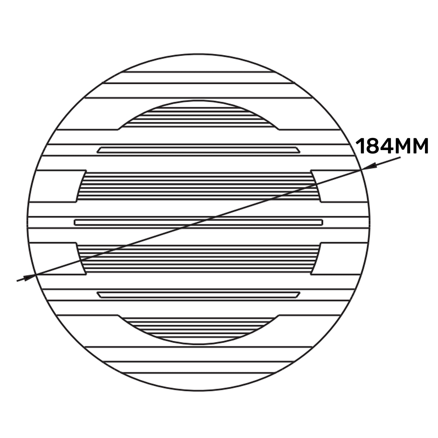 White Louvre round vent diagram showing 184mm and horizontal slat grille