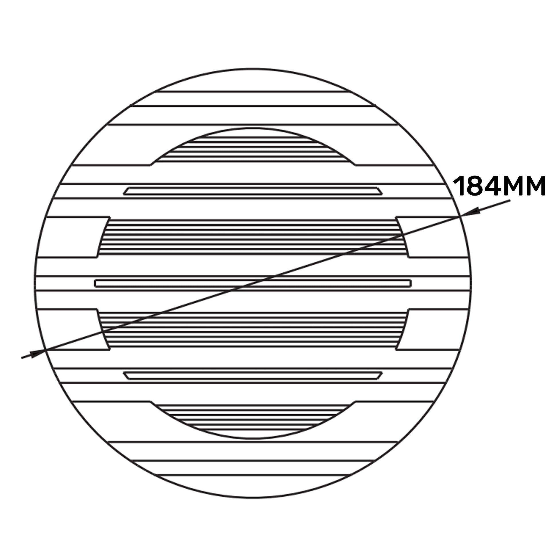 White Louvre round vent diagram showing 184mm and horizontal slat grille