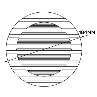 White Louvre round vent diagram showing 184mm and horizontal slat grille