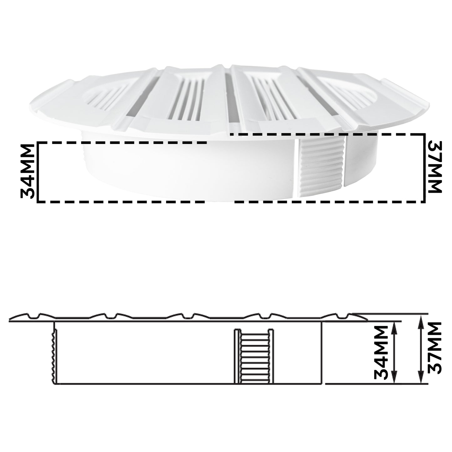 White round Bella 150mm louvre vent, front view with size markings