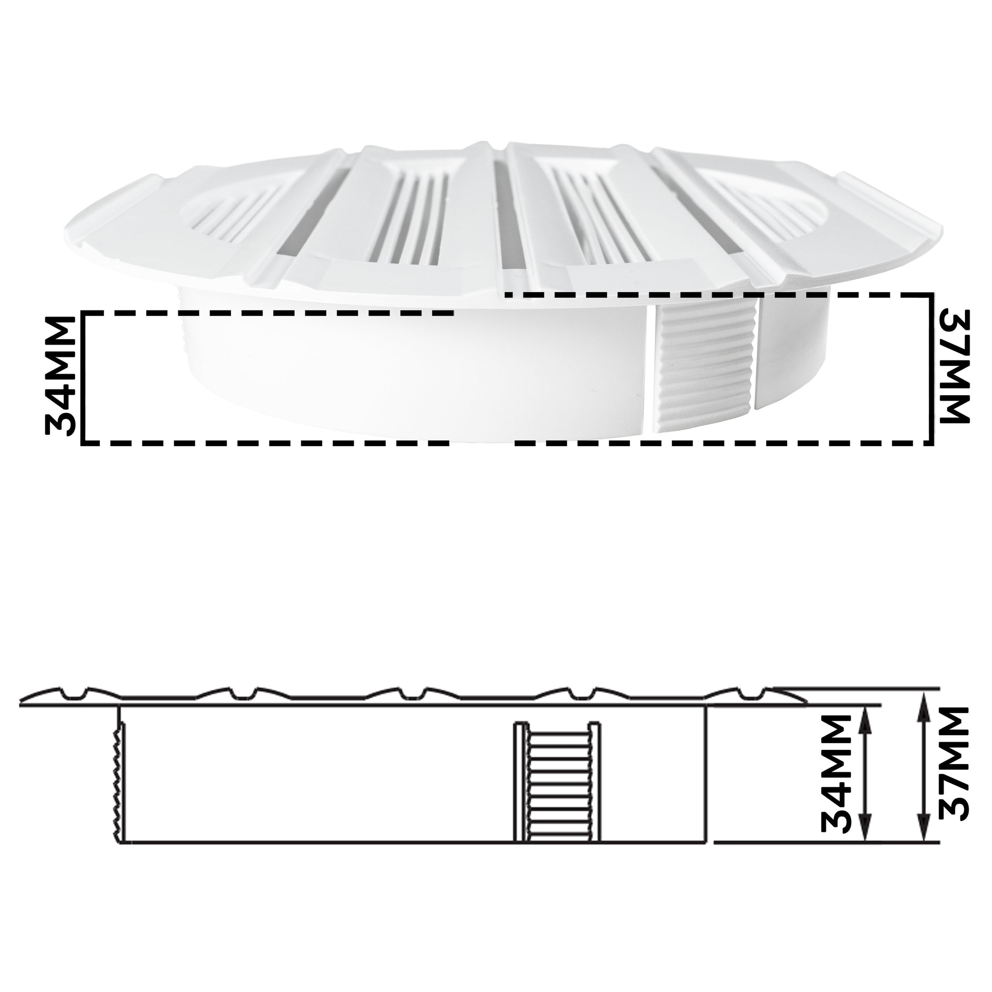 White round Bella 150mm louvre vent, front view with size markings