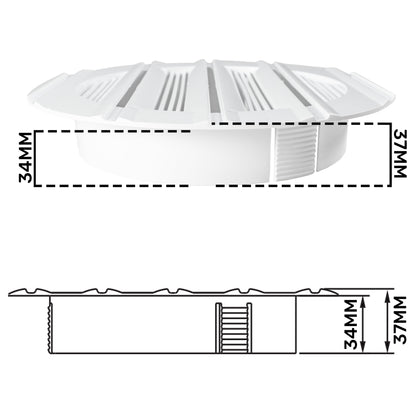 White round Bella 150mm louvre vent, front view with size markings