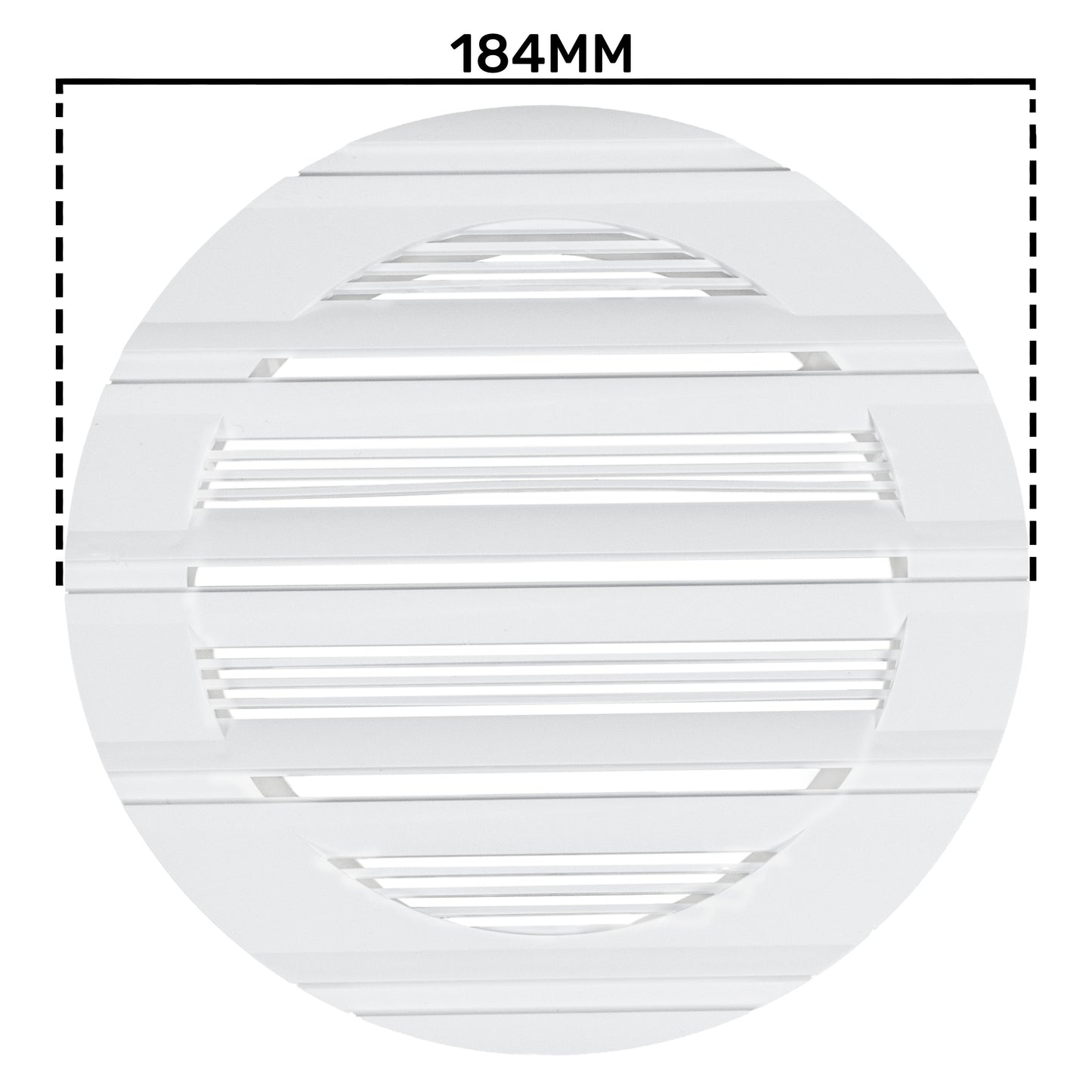 White Louvre round vent, 184mm—front view of circular grille with horizontal slats